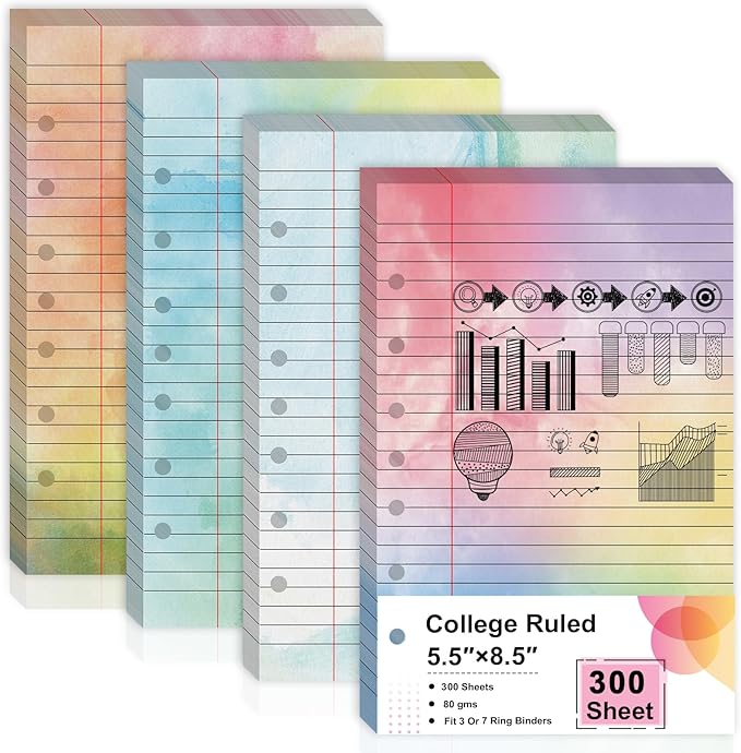300 Sheet Watercolor Lined Writing Paper 5.5x8.5 Inch 7-Hole Lined Refills Loose Leaf Colored Notebook Filler Paper College Ruled Double Side Printing For 3 Or 7 Ring Binders