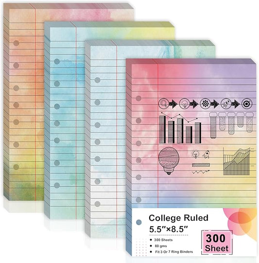 300 Sheet Watercolor Lined Writing Paper 5.5x8.5 Inch 7-Hole Lined Refills Loose Leaf Colored Notebook Filler Paper College Ruled Double Side Printing For 3 Or 7 Ring Binders