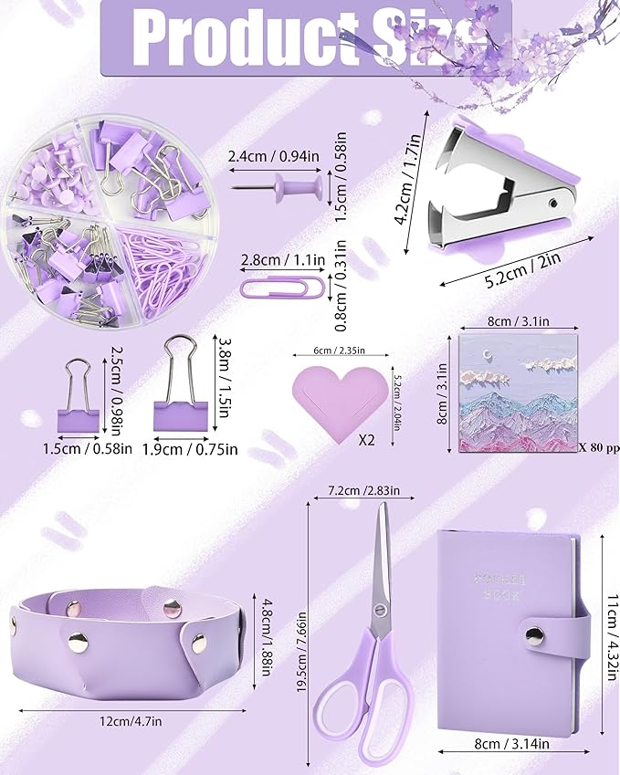 LXEVIHK Purple Desk Accessories, 20Pce Office Supplies and 360°Pen Holder Desk Organizers, With Tape Dispenser, Stapler, Staple Remover, Ect, Fill Your Desktop With Lovely Colors