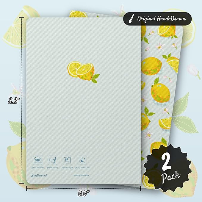 Stitched Composition Notebooks 2-Pack with Unique Art Designed Cover, A5 Lined Diary (8.2"L*5.5"W), Lay Flat Design, Thicked Paper Writes Smoothly for School and Office (Lemon)