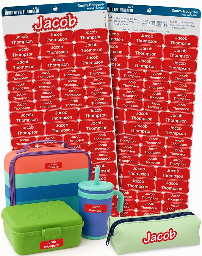Bunny Badges Personalized Daycare Name Labels for Kids (120 Labels) Custom Label for Clothing Tag - Waterproof Name Stickers for Clothing Tags, Bottles, Backpacks and School Supplies (Torch Red)