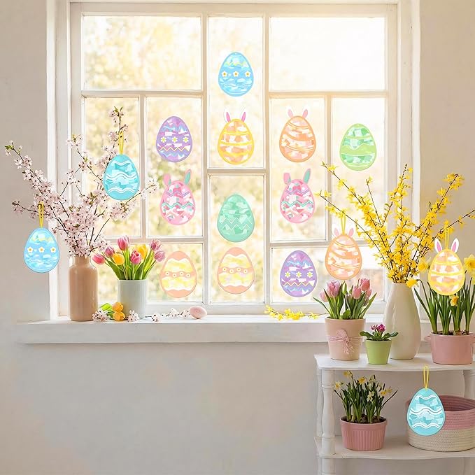 Renbuzhu 48PCS Easter Crafts Bulk: Eggs Paper Suncatchers DIY Kit for Activities Decorations, Window Stained Glass Effect Art Ornaments