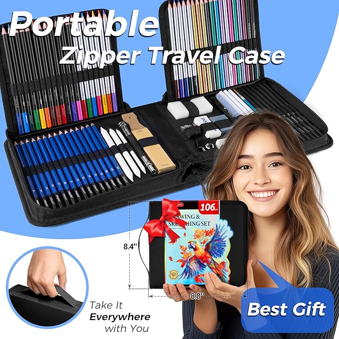 106 Pack Art Supplies Sketching Kit with 3-Color Sketchbook, Coloring Book, Tutorial, Graphite Colored Charcoal Watercolor & Metallic Pencils, Drawing Supplies Gift Case for Artists Beginners Adults
