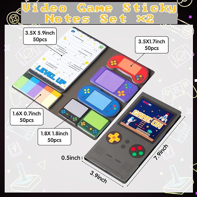 B1ykin Video Game Sticky Notes Set - Level Up Video Game Shaped Self-Stick Notes Pad, 550 Sheets Writing Memo Pages Sticky Notepad for Teacher Appreciation Gifts, School Office Supplies (2Pcs)
