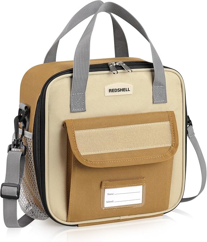 REDSHELL Tactical Lunch Box Kids, Large Insulated Lunch Bag for Boys Girls, Cooler Lunchbag, Square Toddler Lunchbox, School Daycare Lunch Tote Pail with Water Bottle Holder Shoulder Strap, Brown