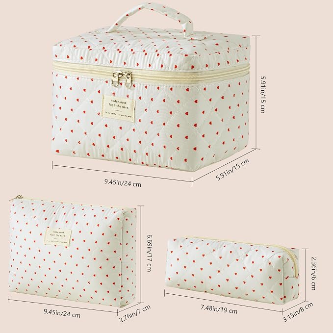 HBselect Quilted Makeup Bag, 3Pcs Cotton Large Travel Makeup Bags Organizer | Cute Floral Make up Bag Cosmetic Bag Toiletry Bag for Women Girls, Makeup Pouch for Skincare, Brushes & Travel Essentials