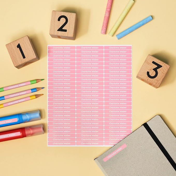 Personalized Kids Name Labels for Pencils Pink [150pcs] - Waterproof Name Stickers for School & Daycare - Pencil Custom Name Stickers - Children Name Stick On Labels for Pens (2.0”x0.3”)