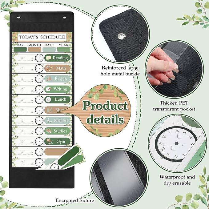 Pasimy Daily Schedule Pocket Chart with 31 Reusable Cards and 14 Pockets Classroom Decor Farmhouse Schedule Charts for School Office Home Educational Activity (Greenery)