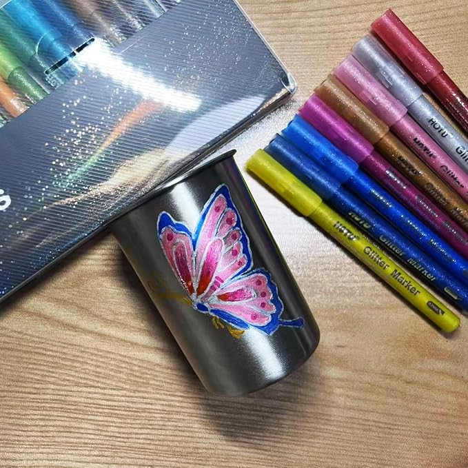 HOTU Glitter Markers Pen: 24 Sparkly Colors Metallic Marker 0.7mm Extral Fine Tip Acrylic Glitter Paint Pens for Rock Painting, Ceramic, Glass, Wood, Fabric, Scrapbooking, DIY Craft Making
