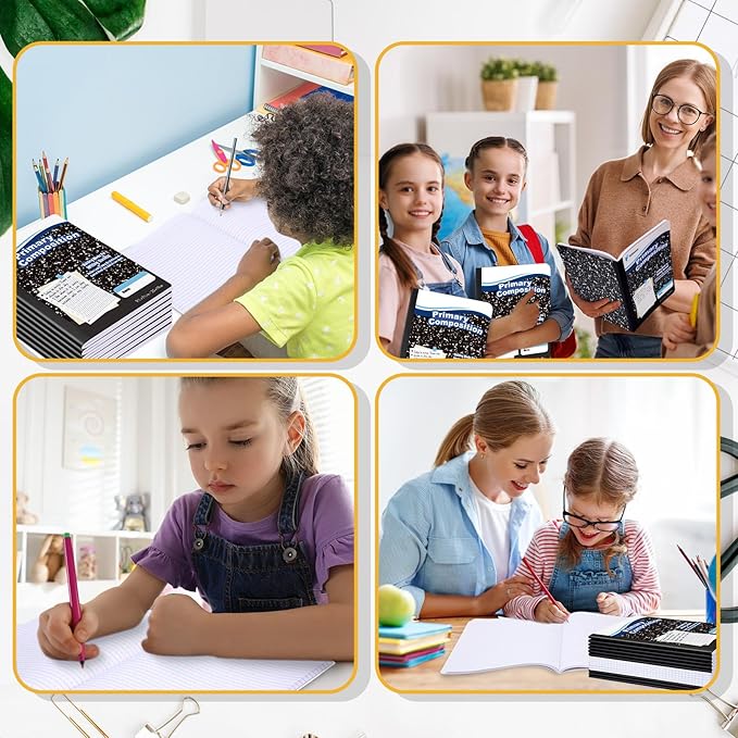 Watersay 200 Pack Primary Ruled Composition Notebook, Grade K-2 Journal 50 Sheets, 7-1/2" x 9-3/4" Primary Composition Book Writing Notebook for Kids Kindergarten Preschool 1st 2nd Grad (Black)