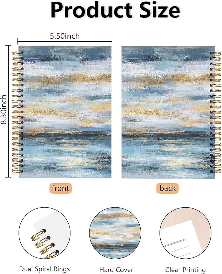 Abstract Blue White and Gold Hardcover Spiral Notebook, Boho Abstract Coastal Ocean Journal, Mid Century Modern Journal, Minimalist Contemporary Blue Ocean Notebook 5.5x8.3 Inch
