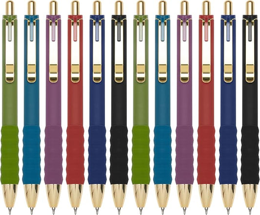 Linbsunne Gel Pens Black Ink Pen 0.5mm Fine Point, Vintage-12 pcs | Smooth Writing, Retractable Pens with Soft Grip, Office School Supplies for Nurses Teachers, Quick Dry