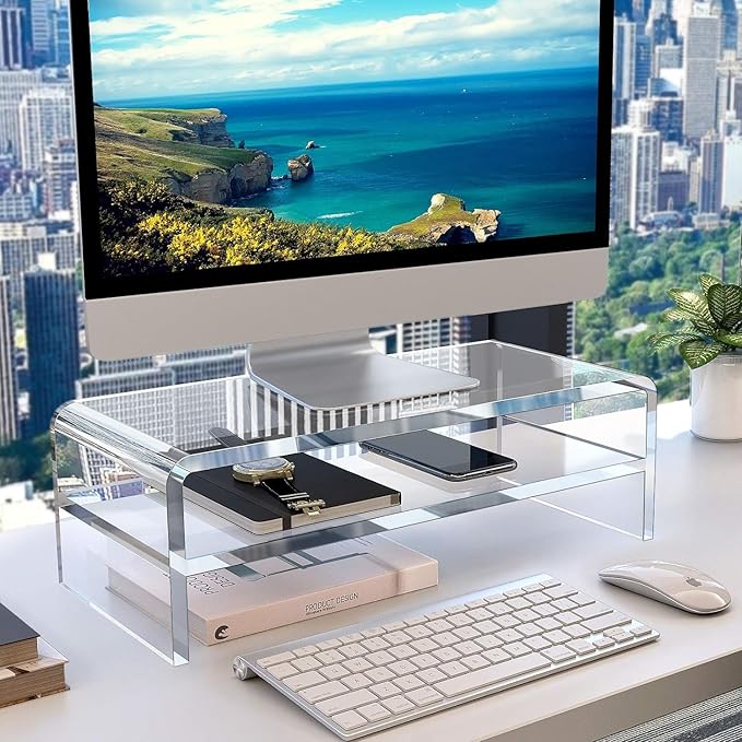 Egchi Acrylic Monitor Stand,2 Tiers Computer Monitor Riser(18x8x5.5 inches),Computer Stand/Monitor Riser for Office,School,Home,Laptop Stand Desktop Stand for Keyboard Storage&Printer TV Screen