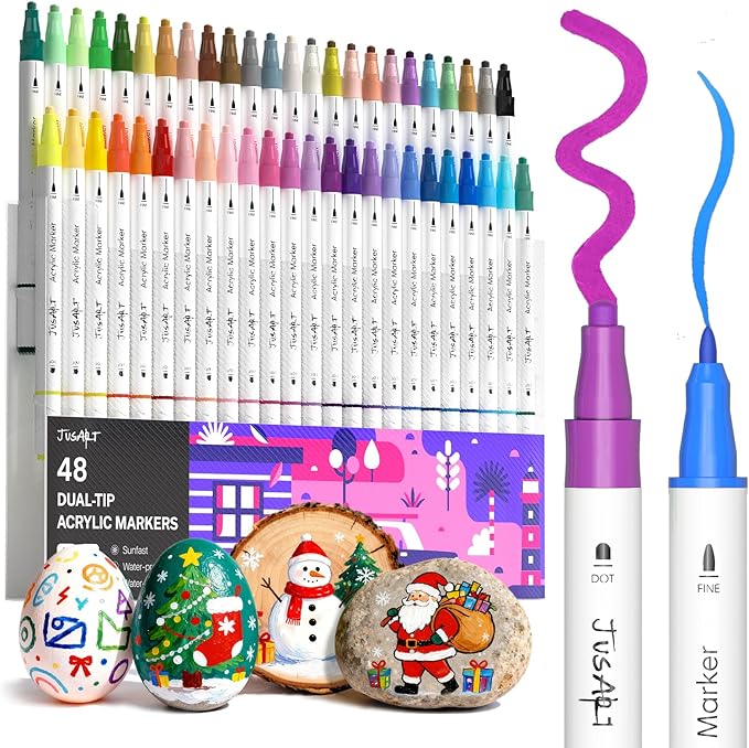 JusArt 48 Colors Acrylic Paint Markers, Dual Tip Coloring Markers with Dot and Fine Tip for Rock, Fabric, Wood, Glass, Ceramic, Canvas, Vibrant Art Supplies for Adult