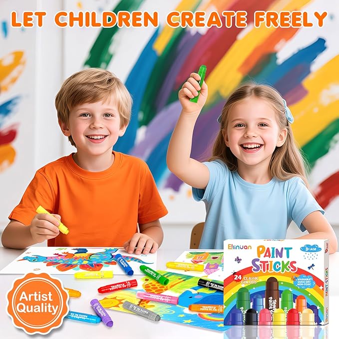 Ellinjan Tempera Paint Sticks For Kids, 24 Colors, Washable & Quick-Drying Twistable Solid Paint, Mess-Free Art Supplies for Drawing & Painting, Ideal Toddler Arts and Crafts Gifts