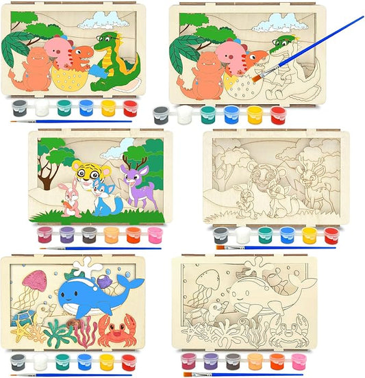 Vileafy 3D Wooden Painting Craft Kits for Kids 4-8 – DIY Arts & Crafts with Dinosaur, Ocean & Jungle Animals – Includes Individual Paints & Brushes for Party Favors and Gifts(3)
