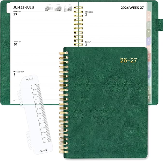 SUNEE 2026-2027 Weekly & Monthly Planner 6.4"x8.5" - 12 Month (July 2026 - June 2027), Vegan Leather Cover Planner Academic Year Calendar, Pocket, Notes, Monthly Tab, Deep Green