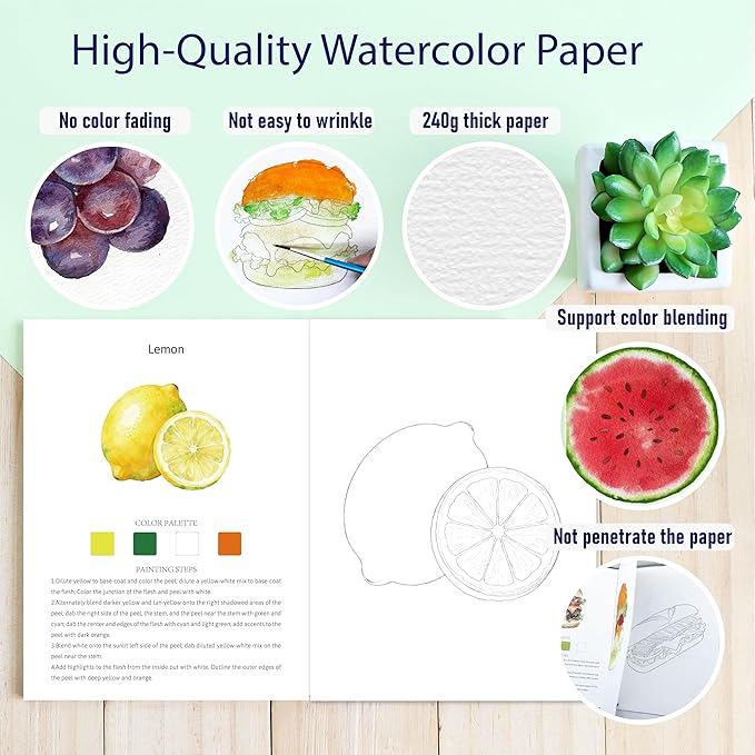 CraftyManor 2Pcs Watercolor Workbook Creative Water Color Paint Book Set with Paints & Brush, 12 Patterns of Original DIY Designs, Beginner-Friendly Adult Coloring Books (F&F)