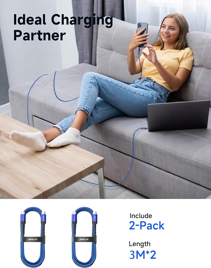 JSAUX 100W USB C to USB C Cable for iPhone 17, USBC Type C Charge Cord 5A Fast Charging Compatible with iPhone 17 Air 16 15 Pro Max Samsung Galaxy S25 S24 MacBook iPad Pro Carplay (2-Pack, 10ft) Blue