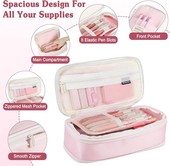 MoKo 49Pcs Aesthetic School Supplies, Pink Cute Pencil Case Set with Pastel Highlighters, Mechanical Pencils with Refills, Eraser & Sticky Notes Tabs Set for Middle & College Students Stationery