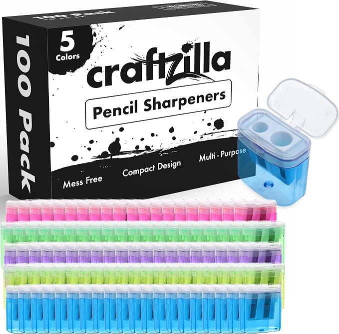 Craftzilla Pencil Sharpener 100 Pack, Manual Pencil Sharpeners Bulk, Handheld Dual Hole with Lid for Kids and Classroom, School Office Supplies
