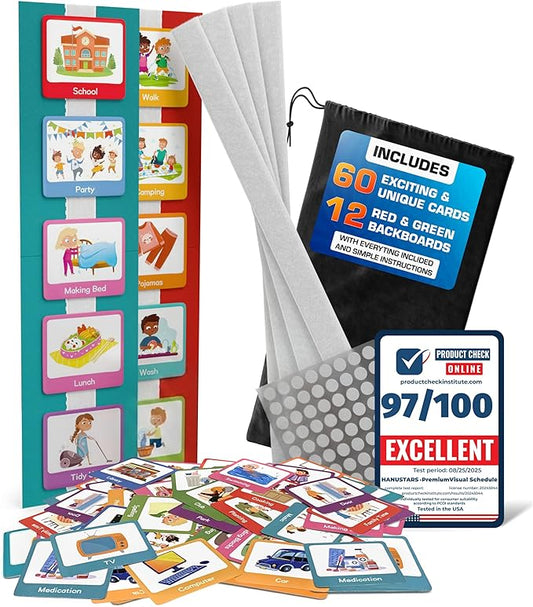 Premium 60 pcs Visual Schedule for Kids with Autism12 bords Black Bag Reward Chart Chore Bedtime Routine Toddlers Timetable Autistic Children Wall Planner Daily ADHD at Home School Learning Materials