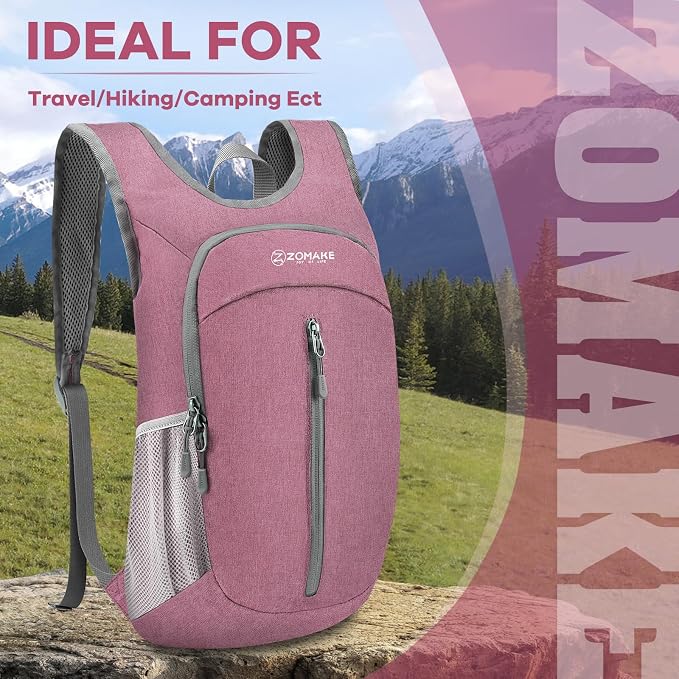 ZOMAKE Lightweight Packable Backpack, 10L Small Foldable Daypack for Hiking | Water Resistant Collapsible Backpacks for Women Men, Everyday Carry, Multi Compartment Storage, Adjustable Strap(Pink A1)