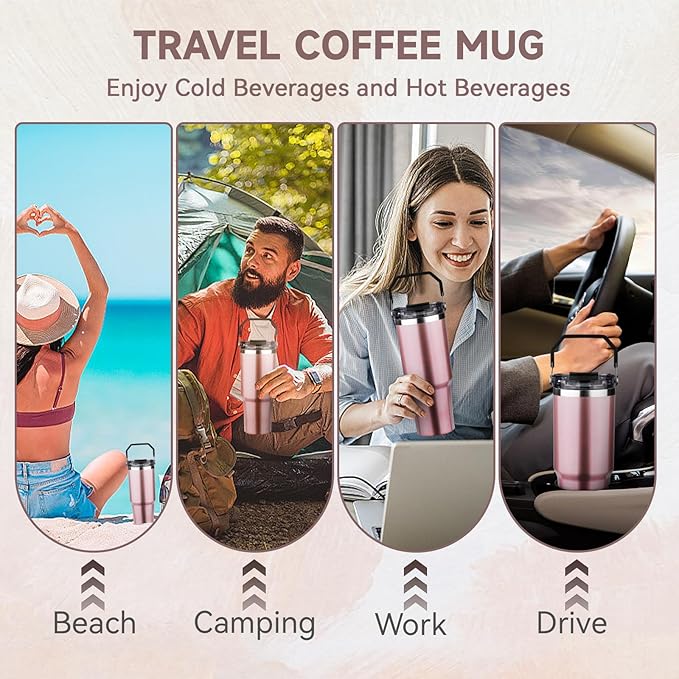 30oz Tumbler with Handle and Flip Straw Lid Double Wall Insulated Travel Coffee Mug Stainless Steel Vacuum Insulated Coffee Tumbler Cup for Hot and Cold Beverages,Leak-proof&BPA-free（30oz,Rose gold）