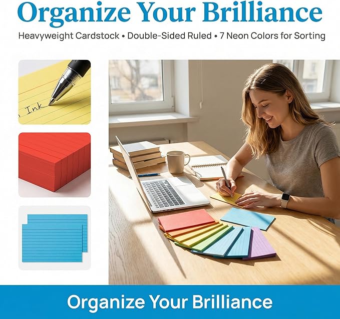 Colored Index Cards 3x5 Inches, 300 Count Neon Flash Cards with Ruled Lines, 6 Colors Portable Note Cards for School Study, College Office Home Organization, Durable To Do List Flashcards