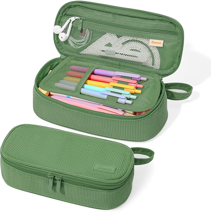 SUNEE Cute Pencil Case, Large Capacity Pencil Pouch, Soft Corduroy Pencil Bag, Big Storage Pen Organizer for Stationery, Aesthetic Zipper Pencil Box, Back to School Supplies for Teen Girls Boys, Green