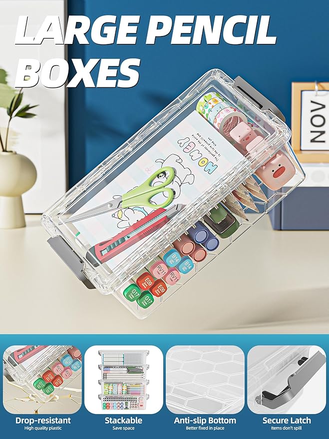 BiuLeon 4 Pack Extra Large Pencil Box, Plastic Pencil Case Organizer, Clear Crayon Box Marker Organizer, Stackable Craft Organizers and Storage for Pen, Craft, Art Supply(Green)