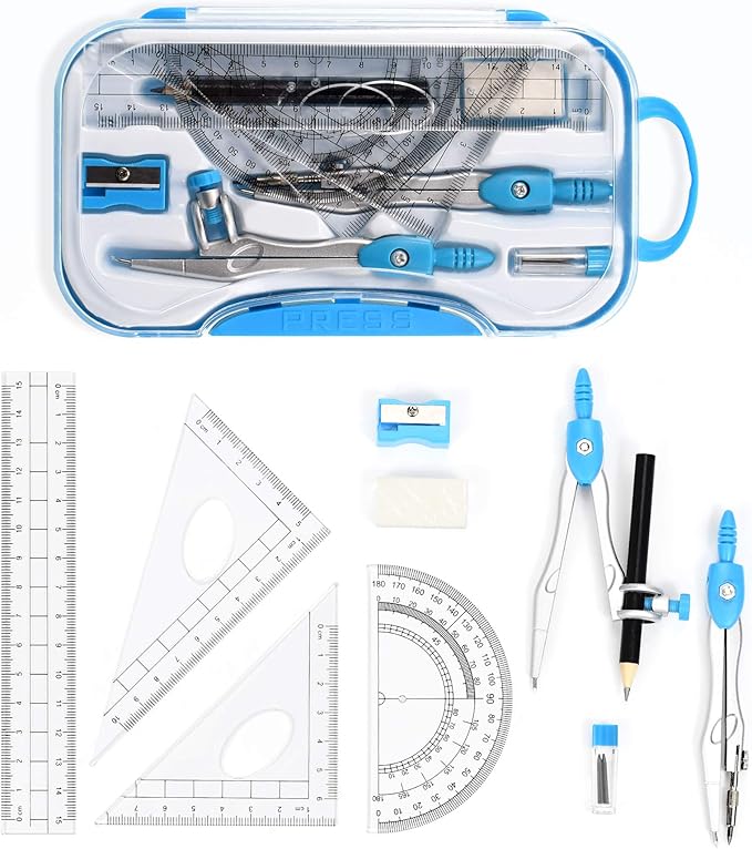 Unjoo Math Geometry Kit Sets 10 Piece Student Supplies with Shatterproof Storage Box,Includes Rulers,Protractor,Compass,Eraser,Pencil Sharpener,Lead Refills,Pencil,for Drafting and Drawings（Blue）