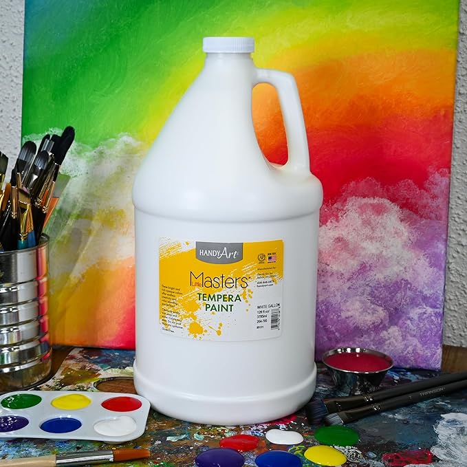 Handy Art Little Masters Tempera Paint, White, Gallon 128 oz Bottle, Bright & Mixable, High Opacity, Washable Colors for Classroom, Students, Kids, Young Artists, Safe & Non-Toxic, Made in USA