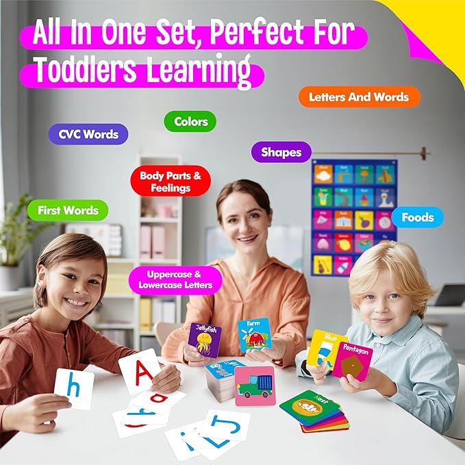 Magnetic Word Pocket Chart, 156 Double Sided Flashcards - CVC Words, First Words & 26 Letters, CVC Literacy Games, Phonics Reading and Spelling Learning Tool for Kindergarten Classroom