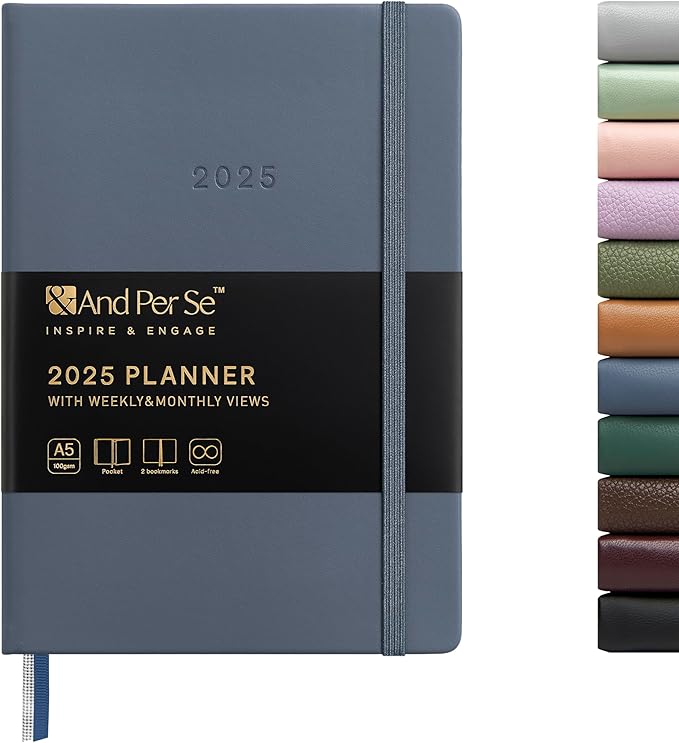 And Per Se 2025 Planner-Daily, Weekly & Monthly Hardcover Planner, 5.7" x 8", Daily Schedule, Monthly Tabs, 100 GSM Thick Paper, Leather Cover, Back Pocket，A5 Size(Blue)