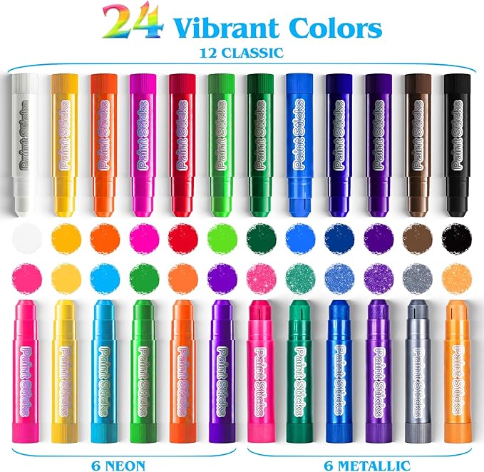 96 Pack Tempera Paint Sticks,24 Colors Non Toxic Solid Paint Sticks for Kids,No Mess,Quick Drying,Smooth and Washable Toddler Crayons,Works Great on Paper,Wood,Glass,Ceramic,Canvas