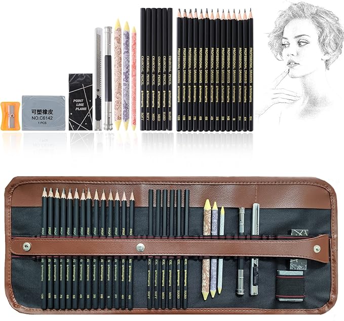 Heshengping Drawing Pencils Sketch Pencil Art Supplies Set for Adults beginners Professional Sketching Art Graphite Charcoal Blending Stump Pencils kit
