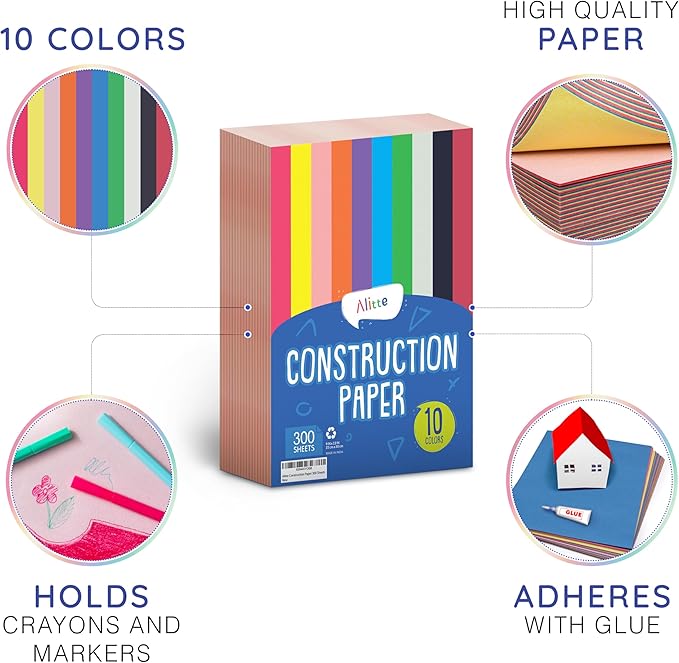 Alitte Construction Paper Assorted Colors - (600 Sheets, 9x12), Craft Paper, 10 Bright Colors - Bulk Pack Arts & Crafts Projects - Colored Paper for Preschool, Home, and Classroom Supplies