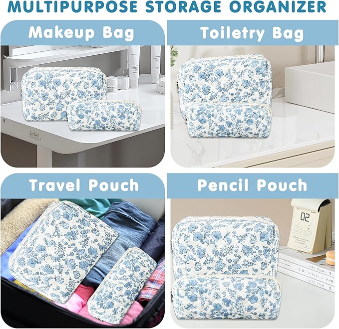 URSKYTOUS 2Pcs Floral Makeup Bag for Women Cotton Quilted Small Coquette Cosmetic Bag Cute Zipper Blue Flower Makeup Pouch Aesthetic Portable Pencil Case Travel Toiletry Bag Trendy Cloth Skincare Bag
