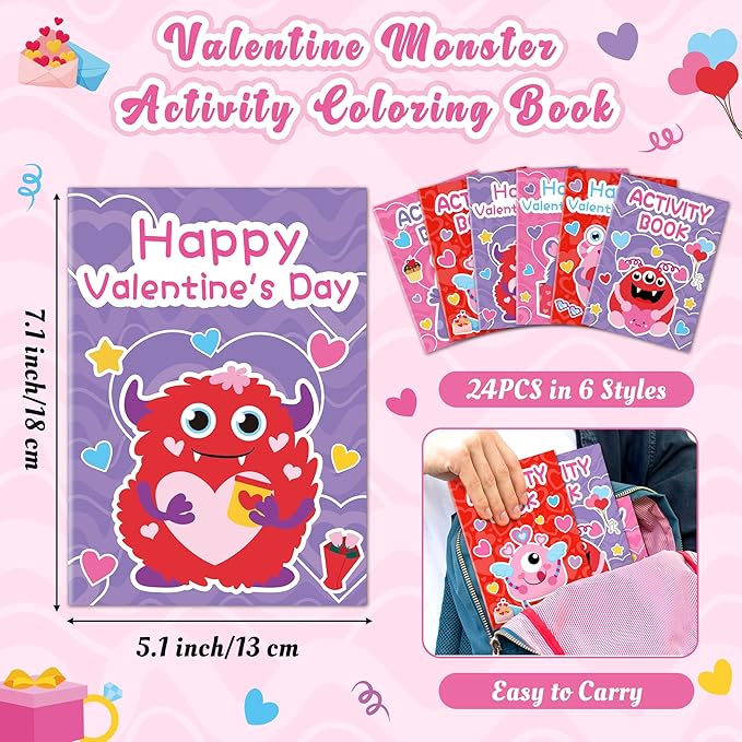 JAPBOR Valentine's Day Activity Coloring Book - 24PCS Mini Valentine Monster Activities Color Books Bulk for Kid Party Favor, Monsters Small Colouring Pages for Birthday Gifts Class Draw Paint Games