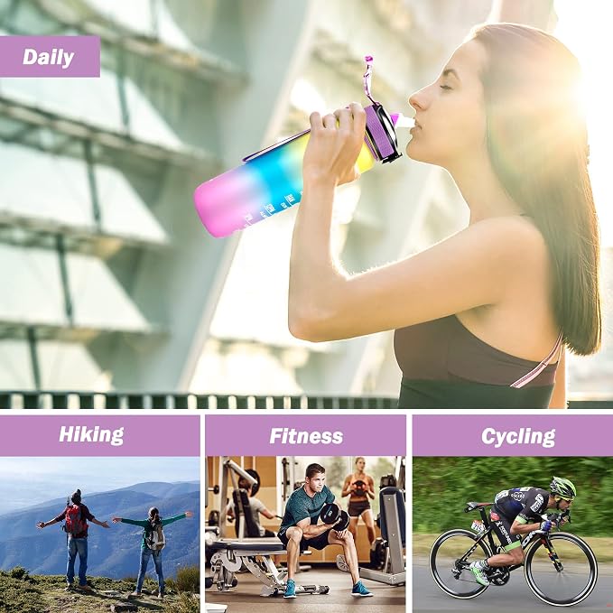 YC Kitchen Motivational Water Bottle with Time Marker - 32oz, Leak-proof BPA Free Sports Water Bottles with Straw & Carrying Strap (Pack of 2)