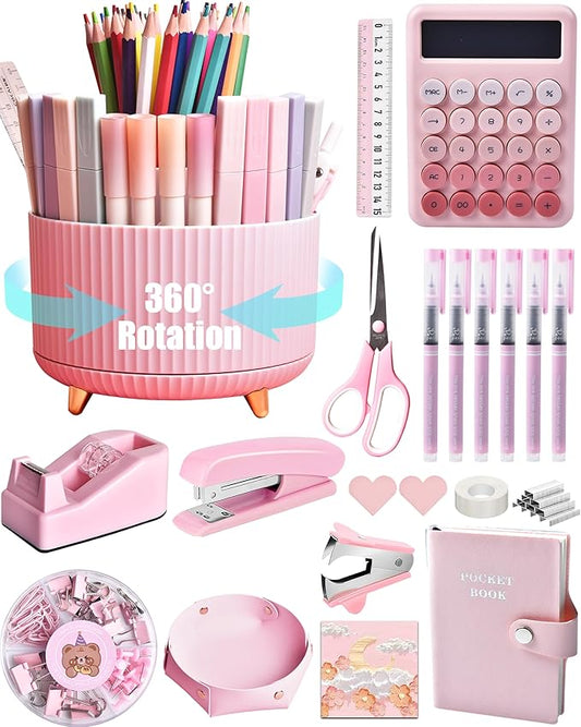 LXEVIHK Pink Desk Accessories, 20Pc Office Supplies and 360°Pen Holder Desk Organizers, With Tape Dispenser, Stapler, Staple Remover, Ect, Let the Color Pink Fill Your Desktop