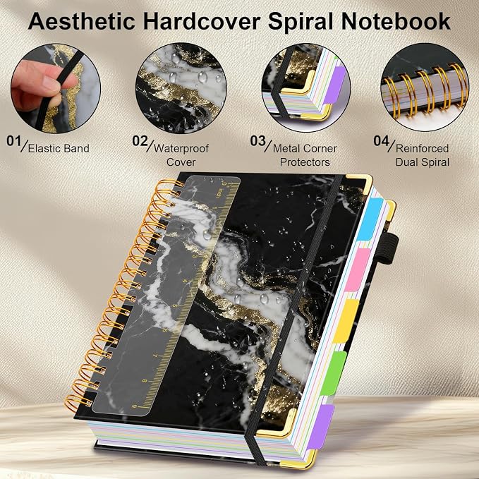 Spiral Journal Notebooks for Work, 300 Pages 5 Subject Notebook College Ruled with Dividers & Tabs, A4 Notebook Journal for Women Students Note-Taking and Organizer (Midnight Marble)