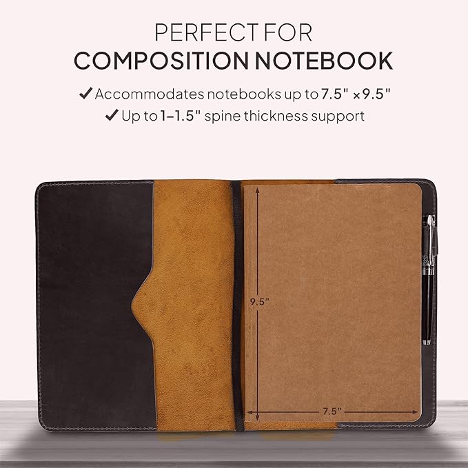 XL Leather Journal Cover 7.5 x 9.5 Inch – Refillable Genuine Leather Notebook Cover for Composition Notebook, Planner & Diary – Handmade Protective Travel Writing Case, Brown