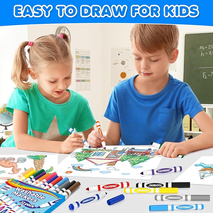 TooyBing Washable Markers Bulk (72 Count, 6 Box), 12 Assorted Colors, Washable Markers for Kids Classroom School, Broad Tip Durable for Back to Classroom Art School Supplies Essentials