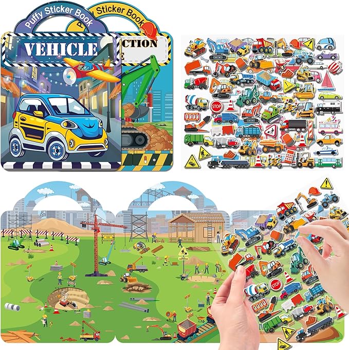Elfew 2 Pack Puffy Sticker Books for Kids Ages 3-5, Construction Truck and Vehicle Car Stickers for Toddlers Boys, 3D Reusable Stickers Books for Toddlers, Activity Book for Boys Party