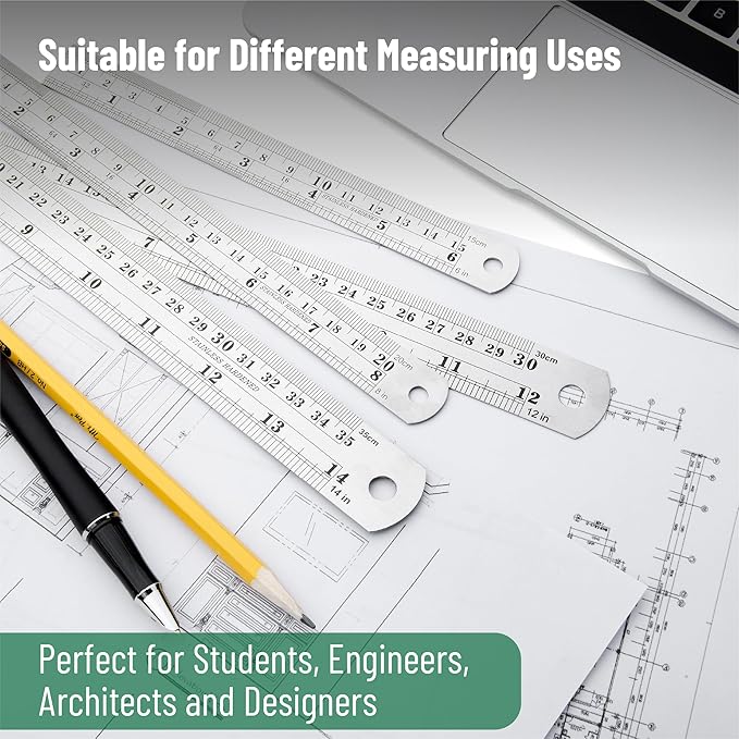 Mr. Pen- Metal Straight Edge Ruler, 4 pcs, 6", 8", 12", 14", Stainless Steel Ruler Set, Imperial & Metric Measurements for Drawing, Home, Office, Engineering