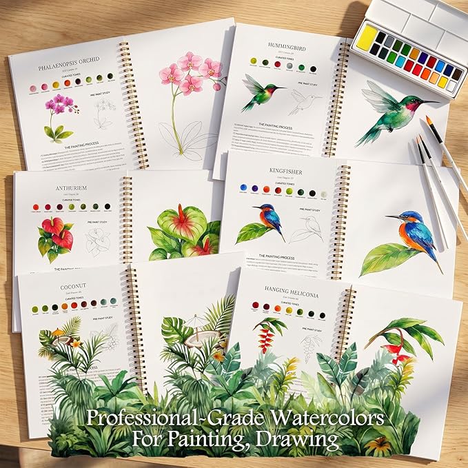 Watercolor Workbook for Beginners,18 Lush Tropics Exotic Rainforest Water Coloring Book,Relaxing & Easy to Paint Water Coloring Book with 24 Colors-Perfect for Gifting to Creativity & Joy for Adults