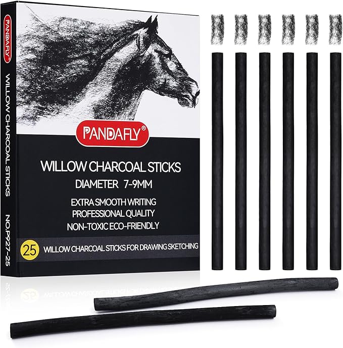 PANDAFLY Willow Charcoal Sticks, Soft, Black Artist Vine Charcoal for Artists, Beginners, Students, Great for Sketching, Drawing, Shading and Fine Art, 7-9mm, 25 Pack