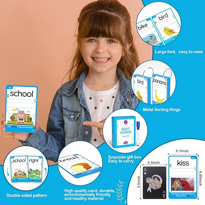 WJPC 55 Cards, 106PCS High Frequency First-Grade Sight Words Flash Cards, 1st Grade Phonics Learning Cards for 5,6,7,8 Years Ages Kids Boys, Girls Learn to Read, Write, Association, Sentence Making